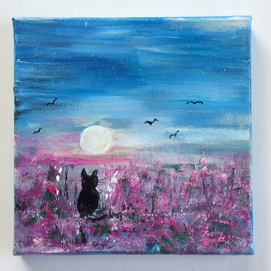 Schilderij poes bij maanlicht