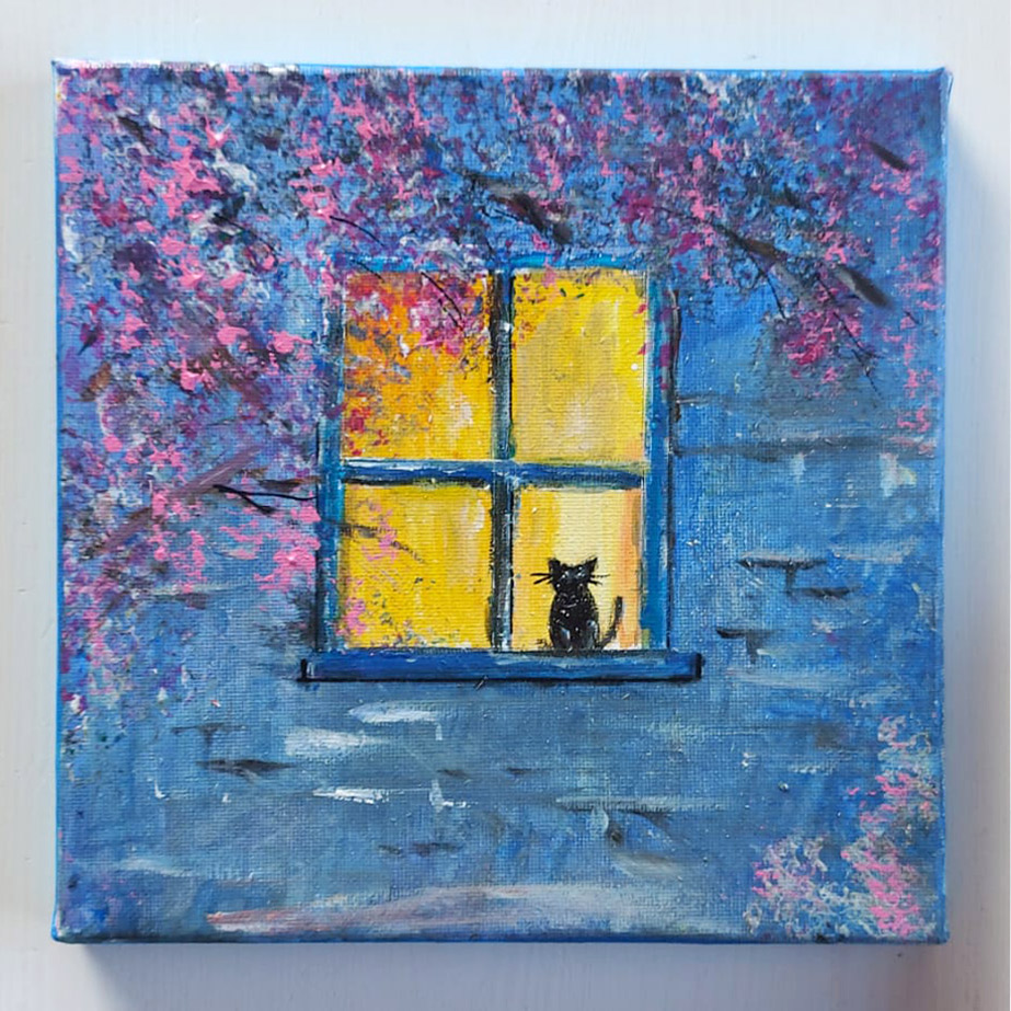 Schilderij poes achter raam